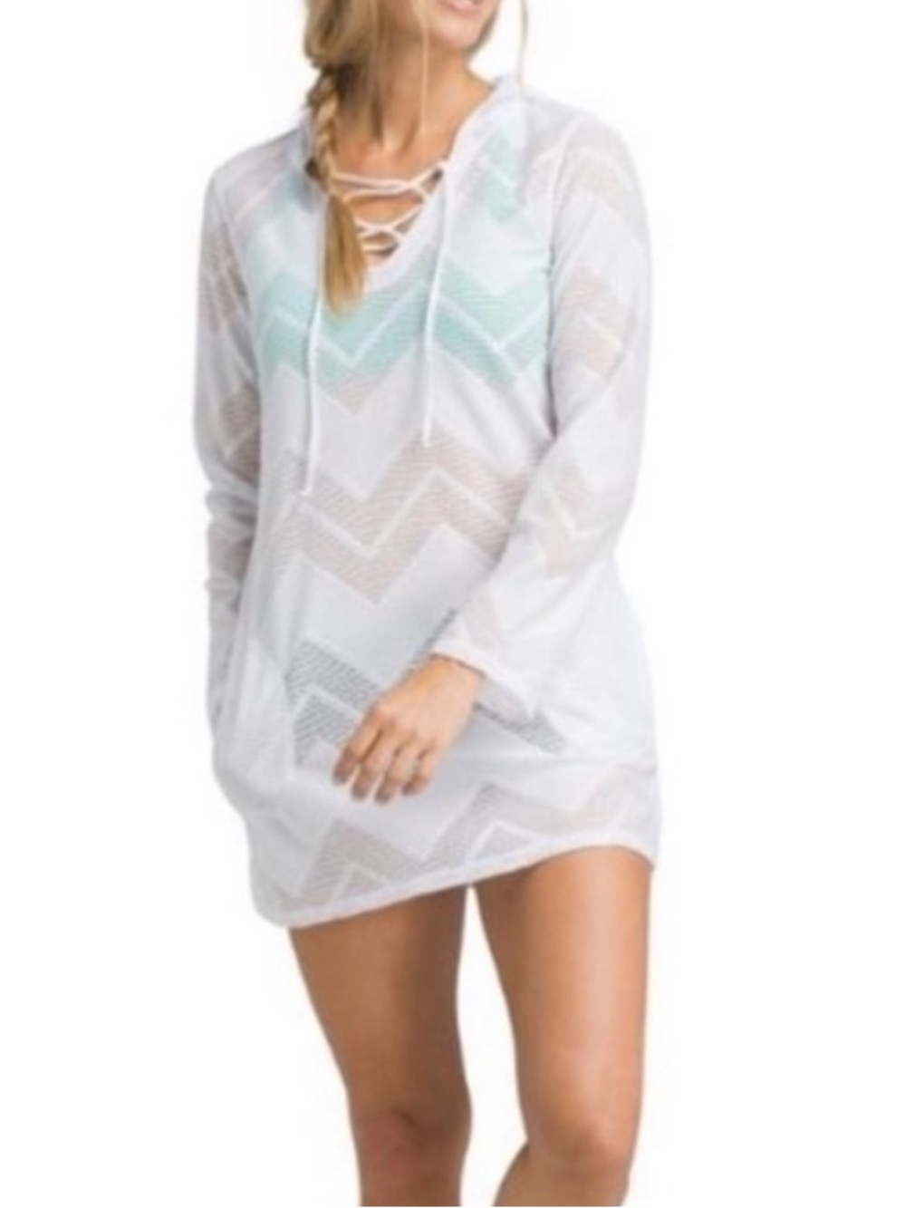 Prana White Chevron alexia tunic Mesh beach swim Cover-Up zig zag S